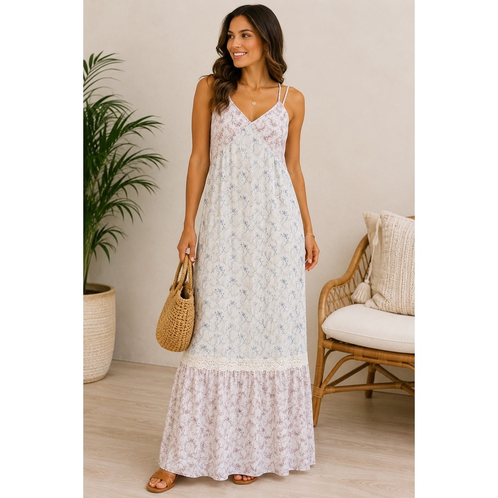 Love Stitch Large NWT Floral Maxi Dress Strappy Boho Crochet Trim Cottagecore